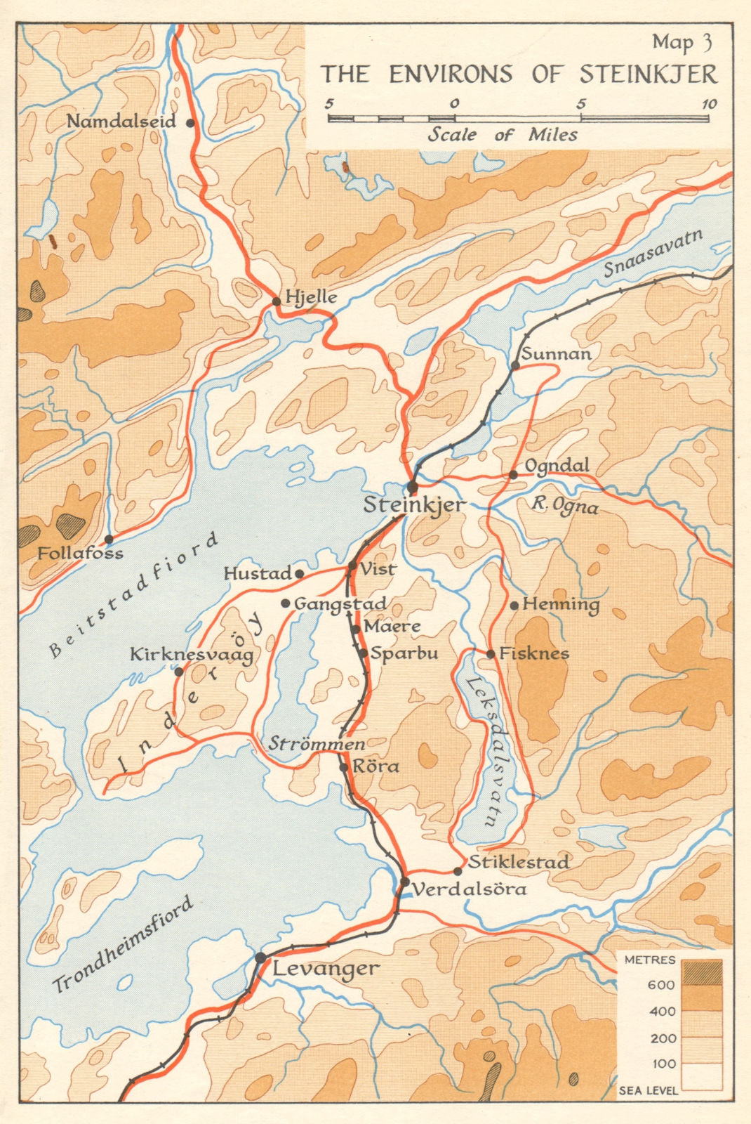 World War 2 Norway Campaign. Steinkjer environs 1940. German Invasion 1952 map
